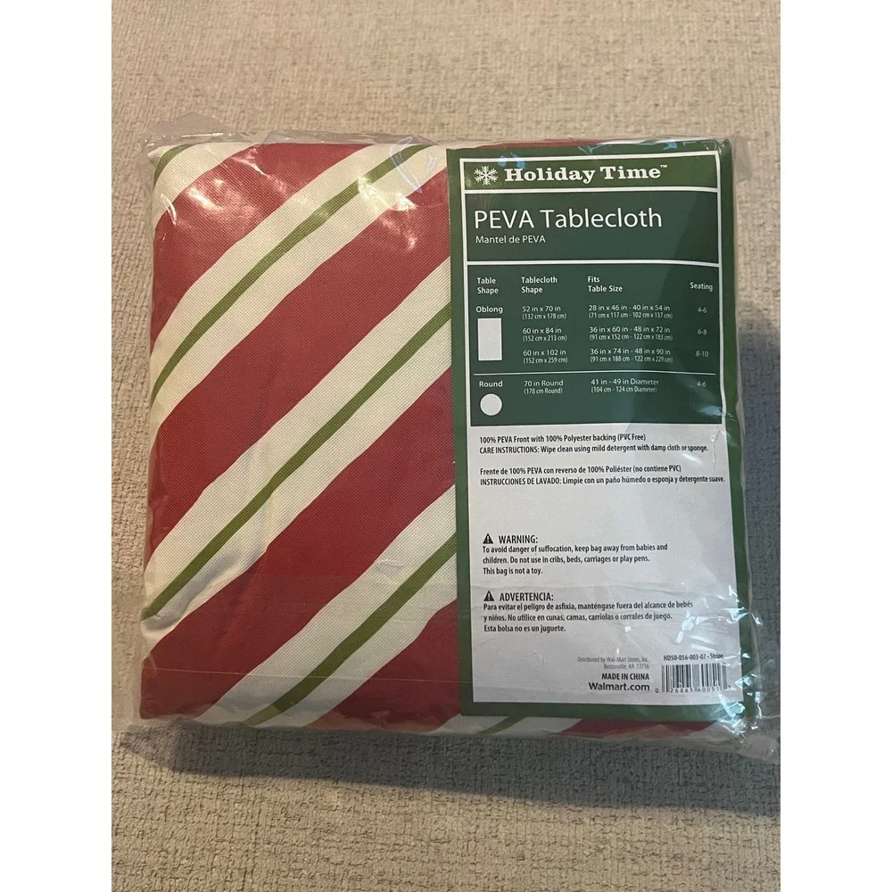 Holiday Time PEVA Tablecloth Red Green White Stripe Oblong 60x84 Christmas NEW